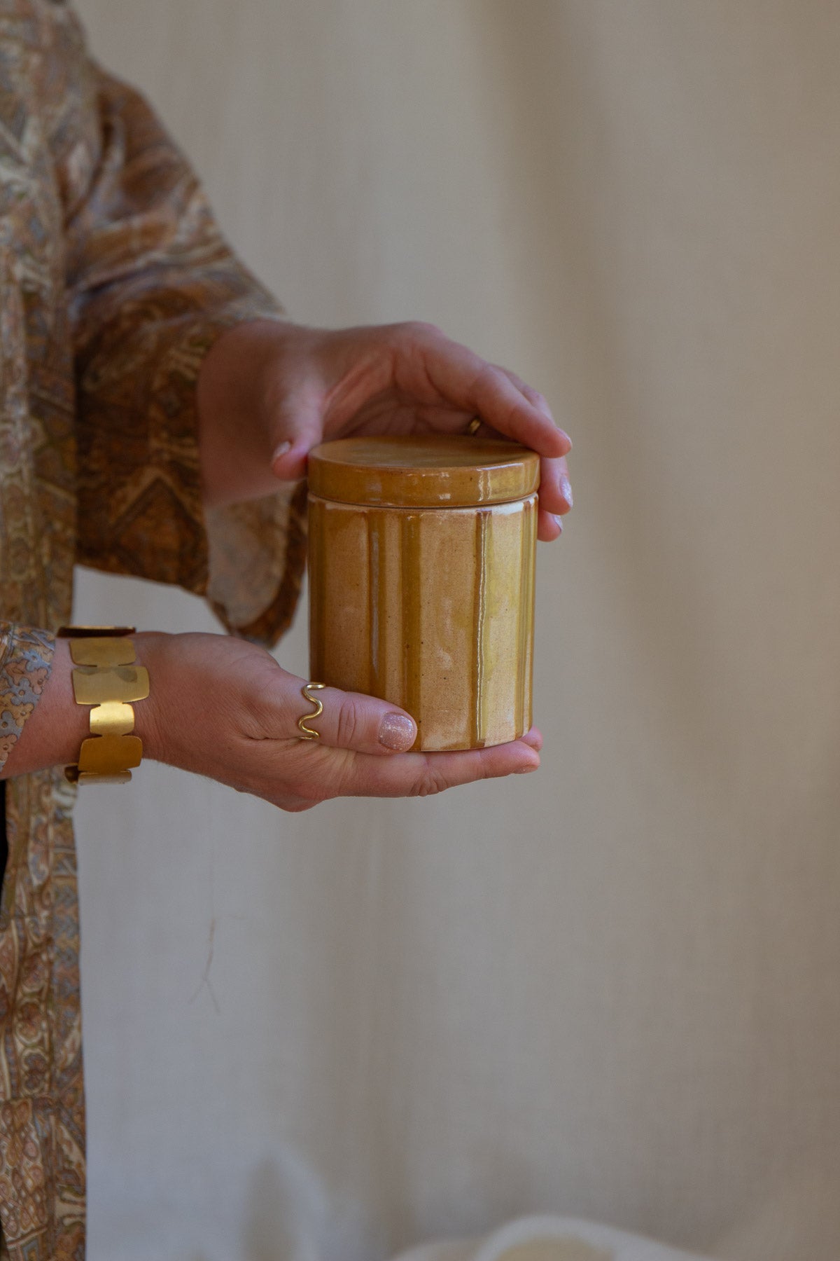 Ochre Striped Candle Jar- White Pine