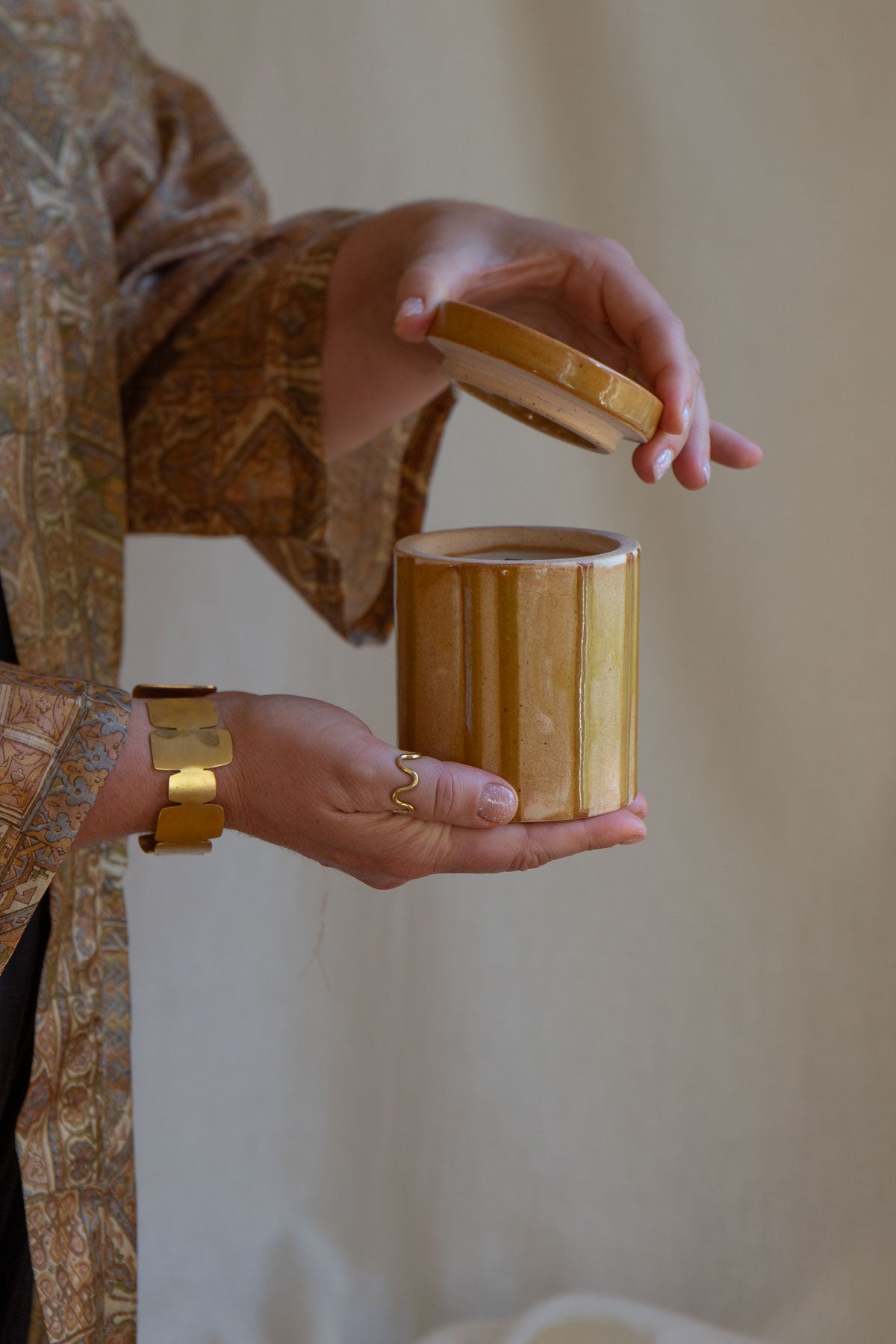 Ochre Striped Candle Jar- White Pine